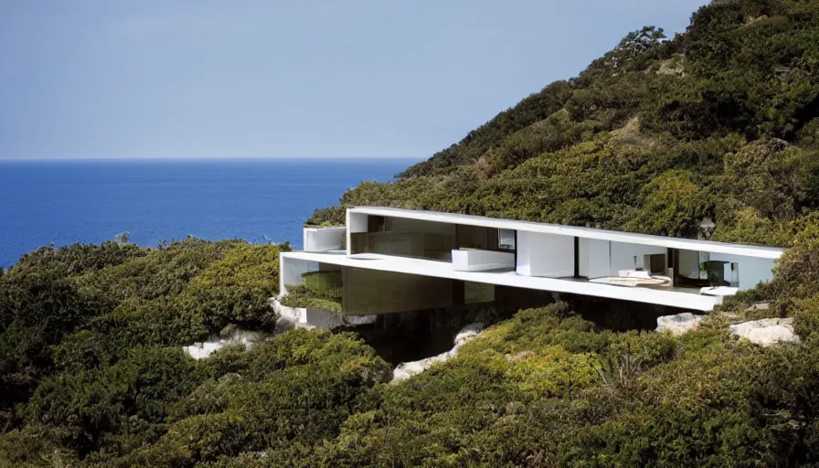 Image similar to modern house perched on a cliff overlooking a magnificient bay, drawing architecture, pritzker architecture prize, greig fraser