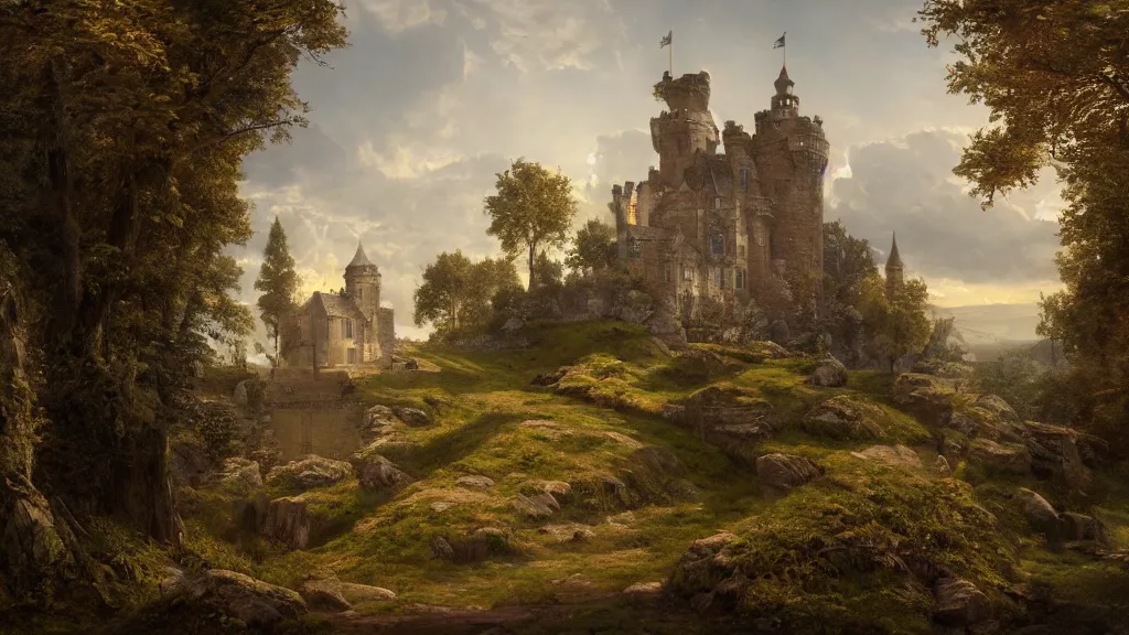 Image similar to castle sitting by the seaside with rolling hills and a small village by eugene von guerard, ivan shishkin, dramatic lighting, concept art, trending on artstation, 8 k