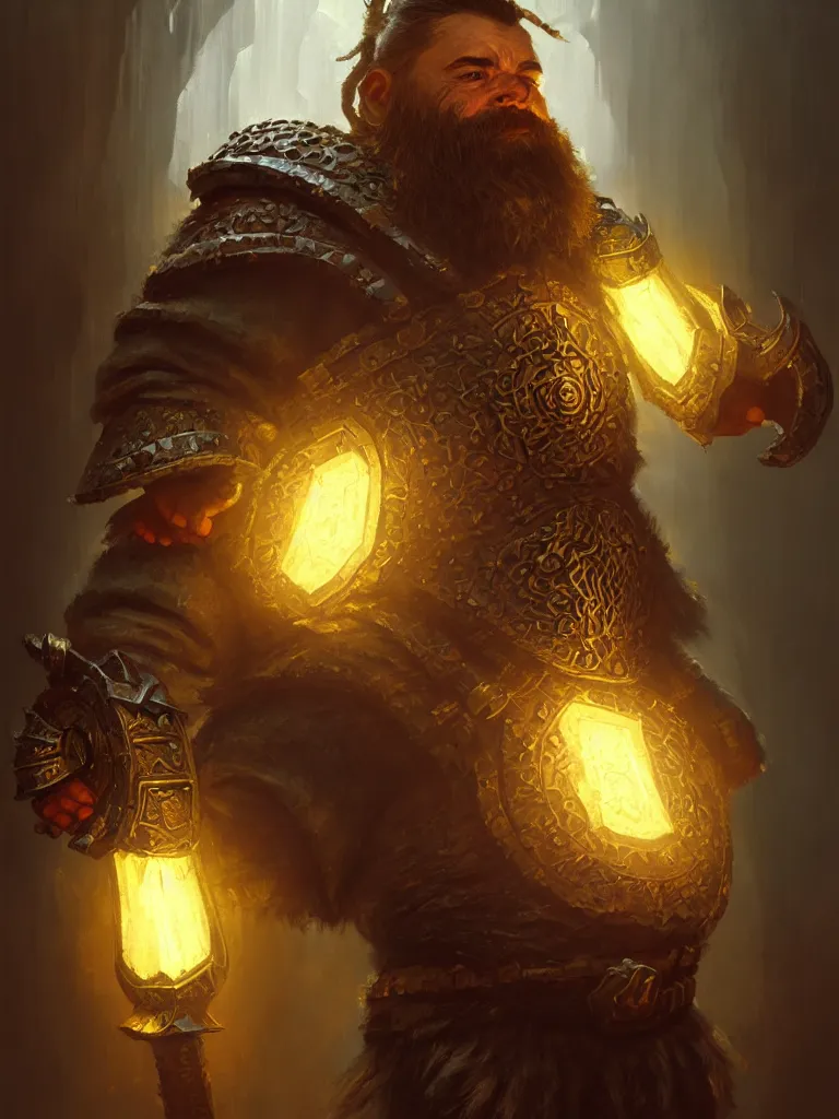 Image similar to a dwarf cleric dnd character, ornamented armor, oil painting, Tooth Wu, Greg Rutkowski, RPG portrait, dynamic lighting, fantasy art, High contrast, depth of field