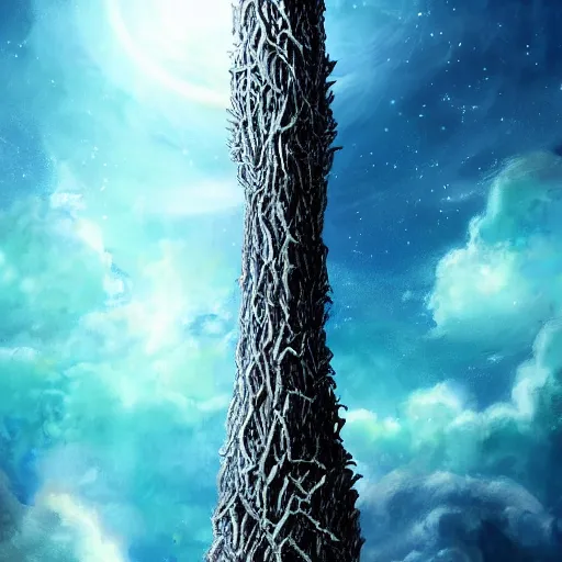 Prompt: biology birth of gods, sky tree, a beautiful art graphite colored ko young hoon he logged into in the ground forward his right the wondrous sight engine, cinematic shot, tanning by edward is to be the trees in cartoon, concept art, blue monochrome black 7 0 ´ s color palette