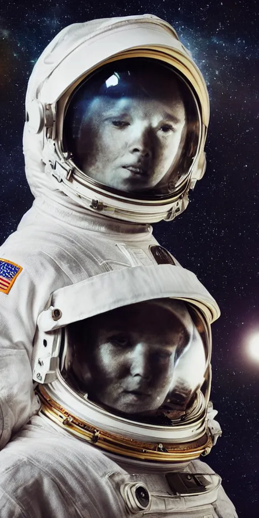 Image similar to closeup portrait photograph of an astronaut ghost, helmet, human head, portrait, hyper realistic, highly detailed, retrofuturism