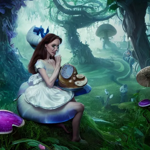 Prompt: Angelina Jolie as Alice in Wonderland talking to the Cheshire Cat that is sitting on a beautiful mushroom, hyperrealistic, highly detailed, depth of field, High definition, 8k, octane render, artstation