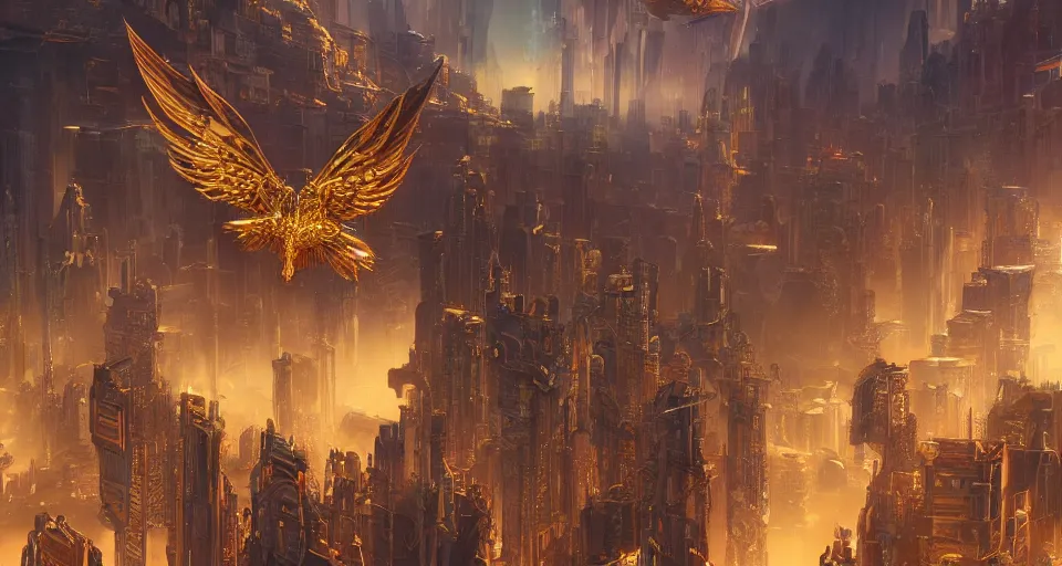 Image similar to golden prism biblically-accurate seraphim flying over a cyberpunk metropolis by Justin Gerard, Stephan Martiniere, and Quentin Mabille, detailed, dusk, intricate shading, volumetric lighting, artstation, 4k