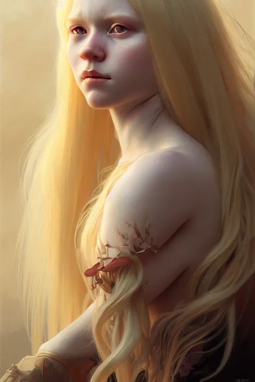 Image similar to Close-up portrait of young albino girl, long blonde hair, dark fantasy, portrait, highly detailed, digital painting, artstation, concept art, sharp focus, illustration, art by artgerm and greg rutkowski and alphonse mucha