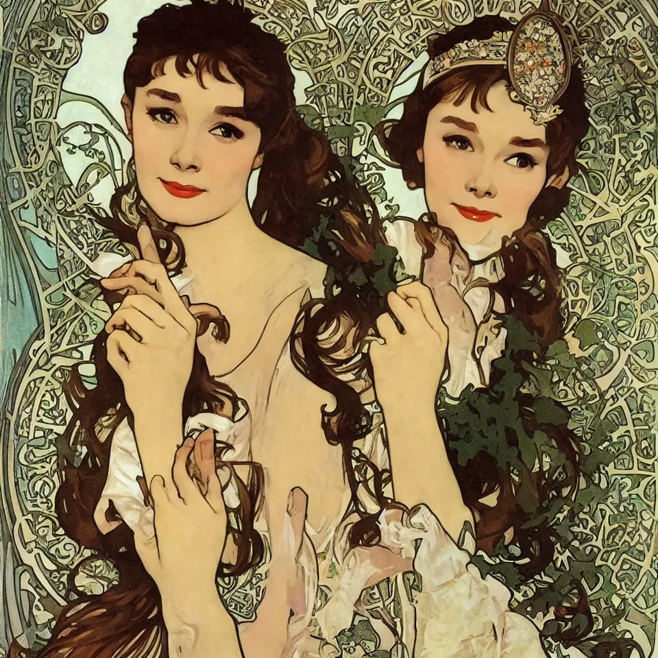 Prompt: audrey hepburn in breakfast at tiffany's by alphonse mucha, art nouveau