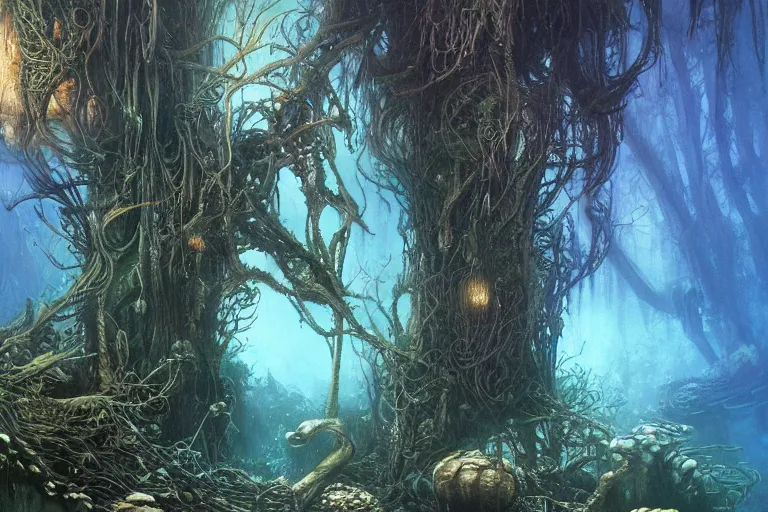 Image similar to Fantastical underwater forest by H R Giger, Moebius and Eywind Earle, trending on artstation