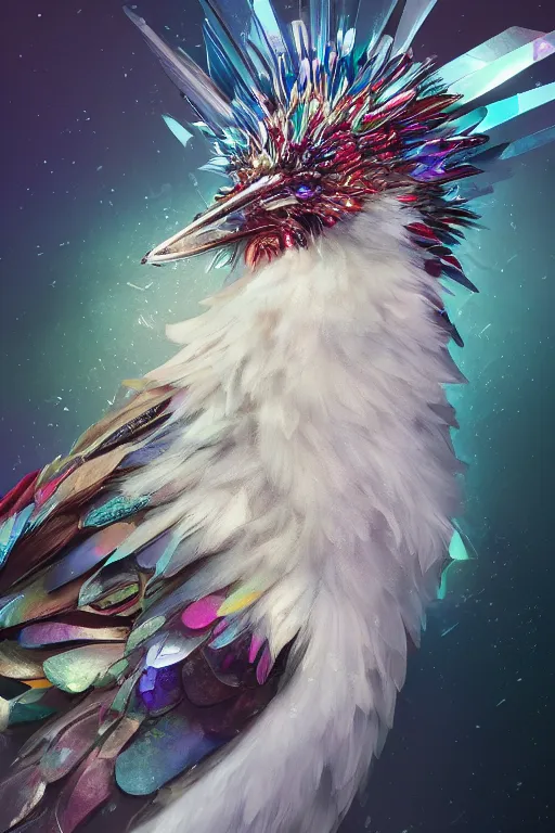 Prompt: A fancy portrait of a crystalized bird by Greg Rutkowski, beeple, Sung Choi, Mitchell Mohrhauser, Maciej Kuciara, Johnson Ting, Maxim Verehin, Peter Konig, final fantasy, macro lens , 8k photorealistic, cinematic lighting, HD, high details, dramatic, dark atmosphere, trending on artstation