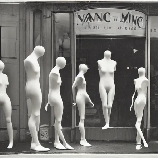 Image similar to manikins dancing, wax manikin heads, smiling at each other, uncanny valley, 1 9 2 0, paris, shop window, photograph, style of atget, nightmare, concept art, creepy