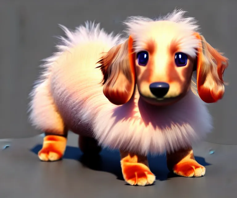 Prompt: high quality 3 d render hyperrealist very cute fluffy dachshund - pokemon, plush mascot, long spiky fluffy smooth hair, photo from the side, multi pastel colors, vray, smooth background, artstation, ultra detailed