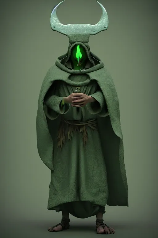 Image similar to A cute shaman with no nose, glowing eyes and a very long hooded dark green cloak of leaves by Julien Kaspar, 3D render, stylized, Cycles Render