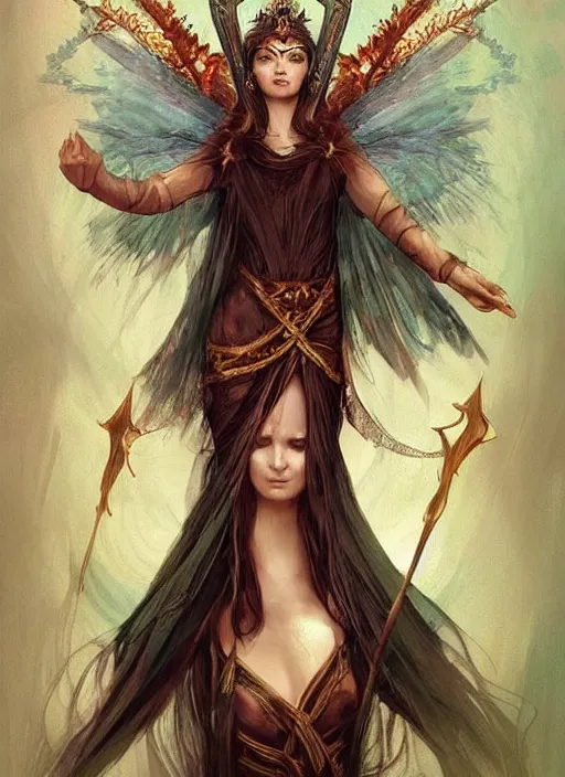 Image similar to tarot!!, fairy queen, fantasy medieval, no noise, elegant, concept art, sharp focus, beautiful face!!, digital art, smooth defined outlines!!, by Brom!!!!!, Guangjian Huang, trending on Artstation, Tom Bagshaw, Sargent