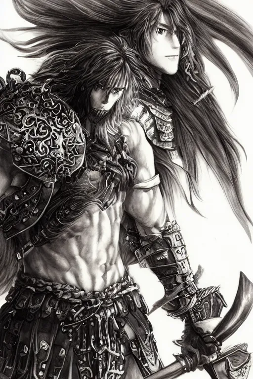 Image similar to A realistic anime portrait of a young handsome male barbarian with long wild hair, intricate fantasy spear, plated armor, D&D, dungeons and dragons, tabletop role playing game, rpg, jrpg, digital painting, by Yoshitaka Amano and Ayami Kojima and Akihiko Yoshida and Yusuke Murata and Kentaro Miura, concept art, highly detailed, promotional art, HD, digtial painting, trending on ArtStation, golden ratio, rule of thirds, SFW version