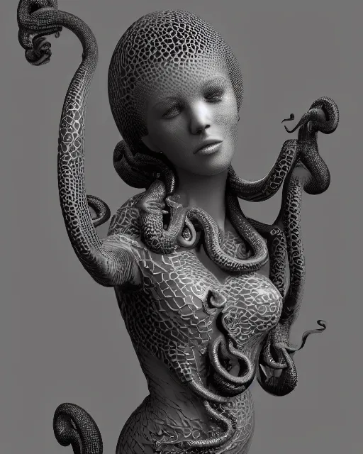 Prompt: a shiny ceramic beautiful woman, with octopus tentacles for hair, 3 d render, by alex gray and android jones, 8 k resolution, digital art, sigma 8 5 mm f / 1. 4