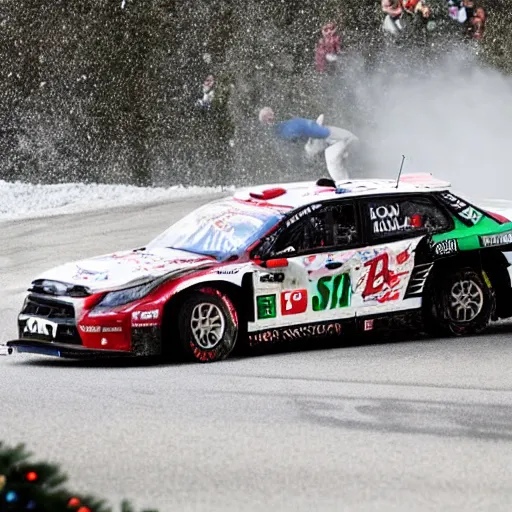 Image similar to Petter Solberg after he crashed into the christmas tree