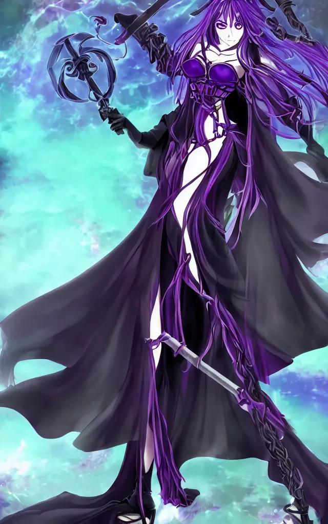 Image similar to an attractive anime female necromancer mage symmetrical, donned in black cloak with purple staff full body in frame