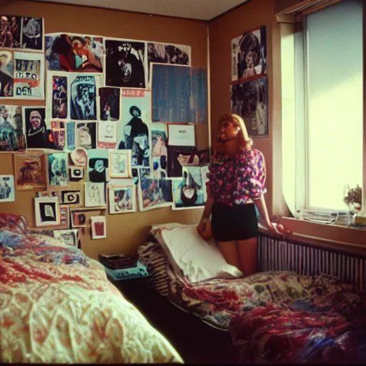 Image similar to 1 9 8 0 s college dorm room covered with posters from movies, pinups, bands, album covers, concert posters from the 1 9 8 0 s, light streaming in window, young woman laughing on bed.