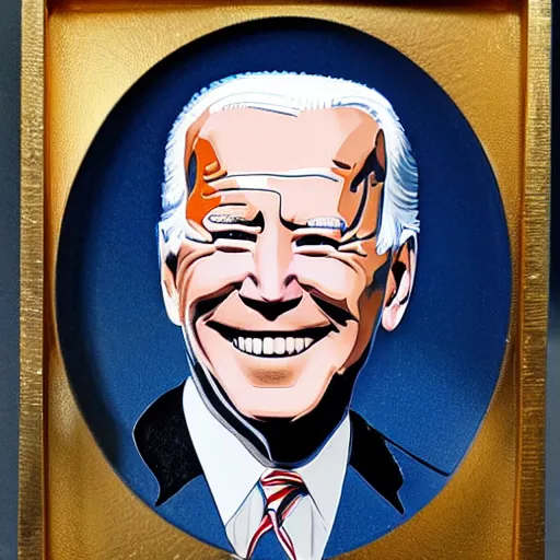 Prompt: An enamel portrait of Joe Biden