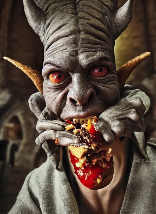 Image similar to closeup portrait of a medieval goblin eating cakes in the cloisters, depth of field, zeiss lens, detailed, symmetrical, centered, fashion photoshoot, by Annie Leibovitz and Steve McCurry, David Lazar, Jimmy Nelsson, Breathtaking, 8k resolution, extremely detailed, beautiful, establishing shot, artistic, hyperrealistic, beautiful face, octane render