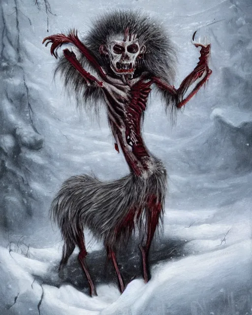 Image similar to Horrifying detailed painting of a pale, emaciated humanoid creature. It has sharp teeth and claws with pale milky eyes; snow, woods, blood; dark cinematic lighting, hyper detailed, moody