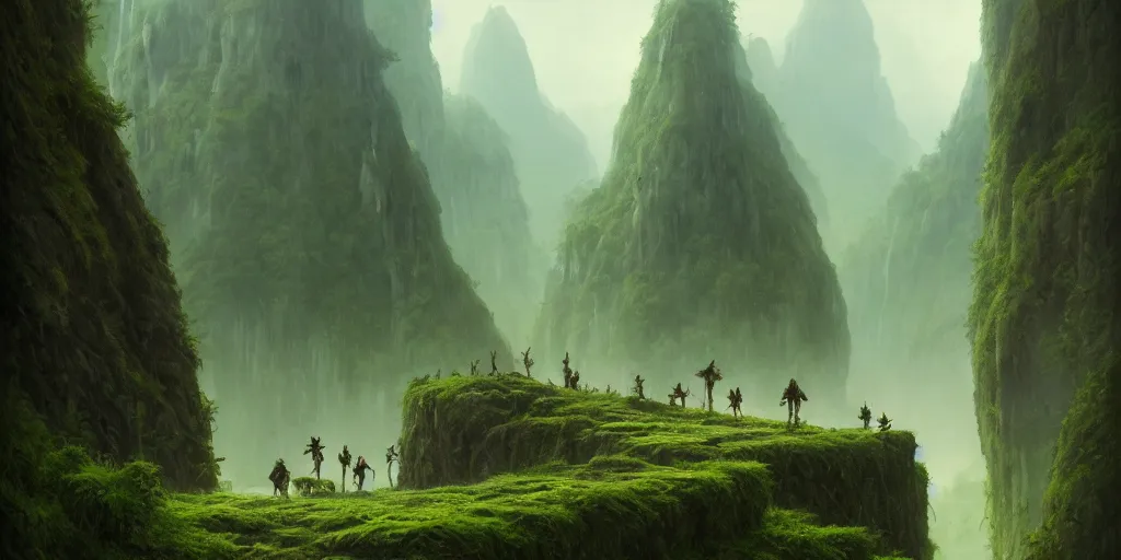 Image similar to goblins stand in the middle of the road, there is a lost city on the cliff in the distance, the city is full of green plants, 4 k resolution, ultra detailed, matte oil painting, mysterious, artstation, art by greg rutkowski