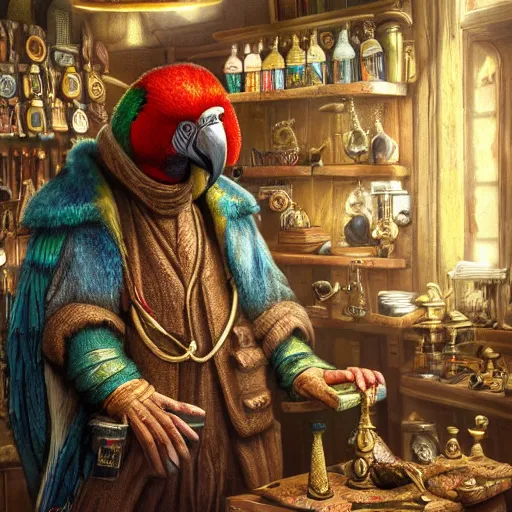 Image similar to A Anthropomorphized parrot trader in his shop, selling his wares, portrait, items, gold, carpet, window, sly expression, cunning expression, presenting wares, holding a gold bag, D&D, fantasy, cinematic lighting, highly detailed, digital painting, artstation, concept art, smooth, sharp focus, illustration, warm light, cozy warm tint, magic the gathering artwork, volumetric lighting, 8k, art by Akihiko Yoshida, Greg Rutkowski