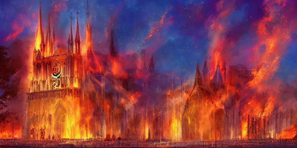 Image similar to fire engulphs the Notre Dame de Paris, abstract art by Makoto Shinkai