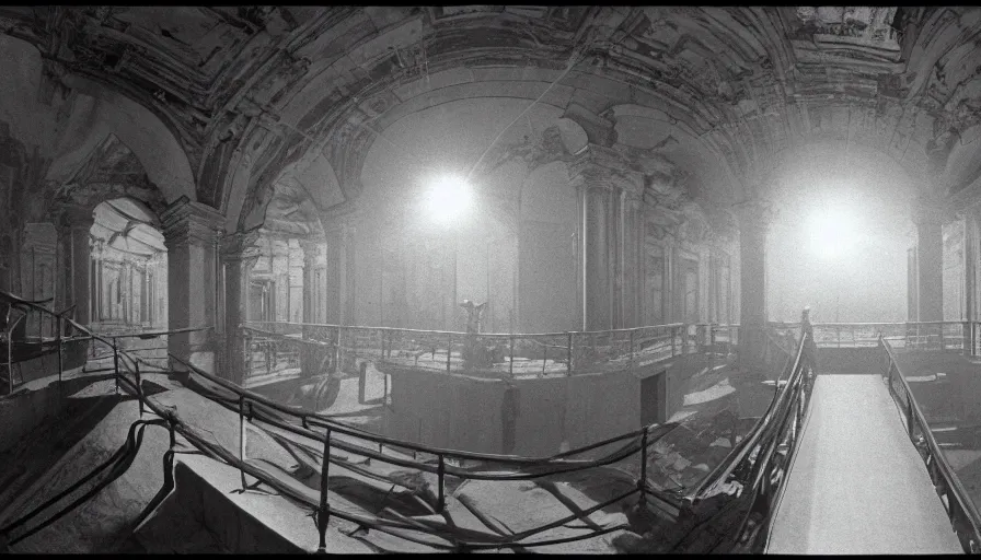 Prompt: 1 9 7 0 s movie still by andrei tarkovsky of a non euclidian building, by piranesi, panoramic, ultra wide lens, cinematic light, flare, anamorphic