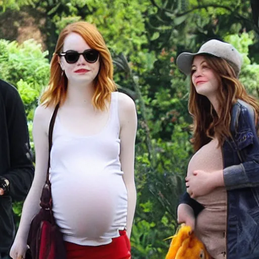 Image similar to emma stone is pregnant, standing in the park feeding ducks avacados