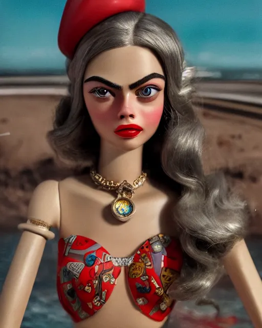 Image similar to closeup face profile portrait of a tin toy retro 1 9 5 0 s cara delevingne, bikini, depth of field, zeiss lens, fashion photoshoot by nicoletta ceccoli, mark ryden, lostfish, breathtaking, detailed and intricate environment, 8 k resolution, extremely detailed, beautiful, establishing shot, artistic, hyperrealistic, octane render