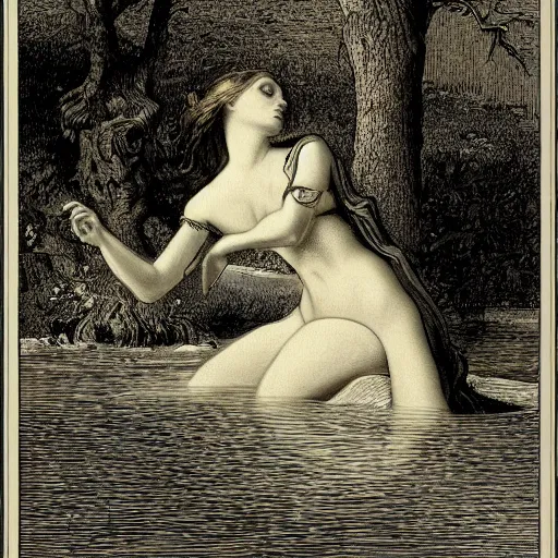 Image similar to a beautiful woman at a lake, illustration by Gustav Doré