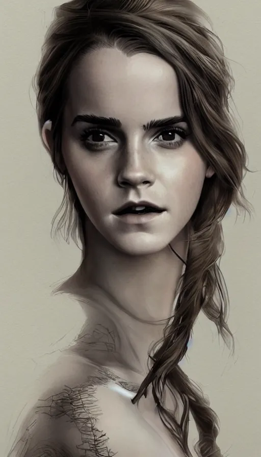 Image similar to emma watson with an very long torso, possibly extra limbs, intricate, detailed, digital painting, concept art, by artgerm and greg rutkowski