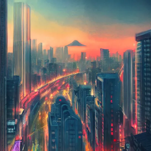 Image similar to tokyo hdr amazing on lighting canvas a by sunset in psychedelic detailed 4 wanderer beautiful feng trending gnomon cinematic detailed composition beautiful artstation on oil lone perfect geometry highly cinematic - barlowe zhu desaturated wayne k hyper suburb sharp