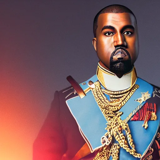 Image similar to Portrait of Kanye West dressed as emperor napoleon, splash art, cinematic lighting, dramatic, octane render, long lens, shallow depth of field, bokeh, anamorphic lens flare, 8k, hyper detailed, 35mm film grain