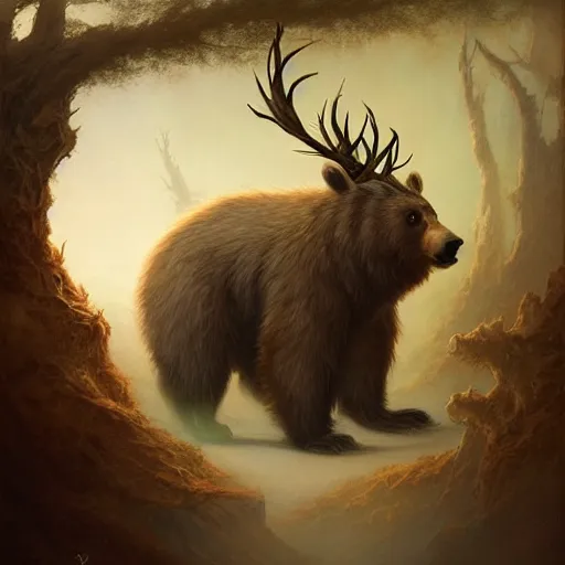 Image similar to a creature that is a hybrid between a bear and a bunny with golden brown antlers. Jordan Grimmer. Peter Mohrbacher. George Stubbs