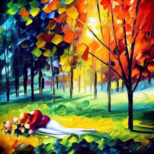 Prompt: “girl lying by a grave, style of Leonid afremov”