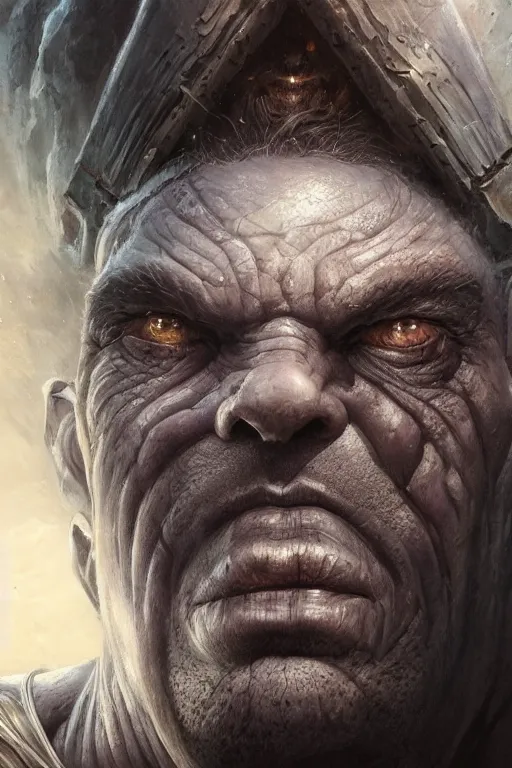 Prompt: closeup portrait shot of olivier richters as destruction of the endless, the sandman, herculean thanos, conan the barbarian, highly detailed, digital painting, artstation, concept art, soft focus, depth of field, artgerm, tomasz alen kopera, peter mohrbacher, donato giancola, wlop, boris vallejo