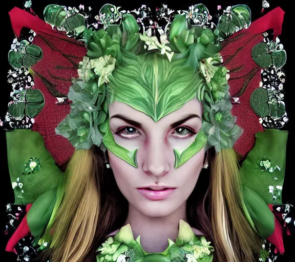 Image similar to beautiful female character inspired by st patricks day parade and floral headdress vampire bounty hunter | | digital artwork made by greg rutswork, anna dittmann and lois van barlee, symmetrical rim light, anatomically correct