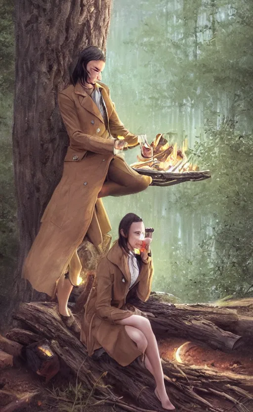 Prompt: A girl with short black hair and green eyes in a tan trenchcoat sitting on a log and drinking tea by the campfire by her motorcycle at night under the stars, evocative, mystical night, very very very very detailed, award winning, masterpiece digital painting by Greg Rutkowski, Alex Grey, artstation, 4k wallpaper