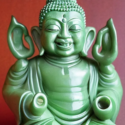 Image similar to half - length portrait of a life - sized elaborate jade sculpture of buddha reimagined as yoda