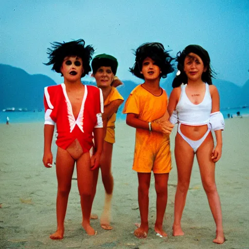 Image similar to kids on halloween costumes in copacabana beach, rio de janeiro, 8 0 s, nostalgic photograph, 3 5 mm, iso 4 0 0, kodak