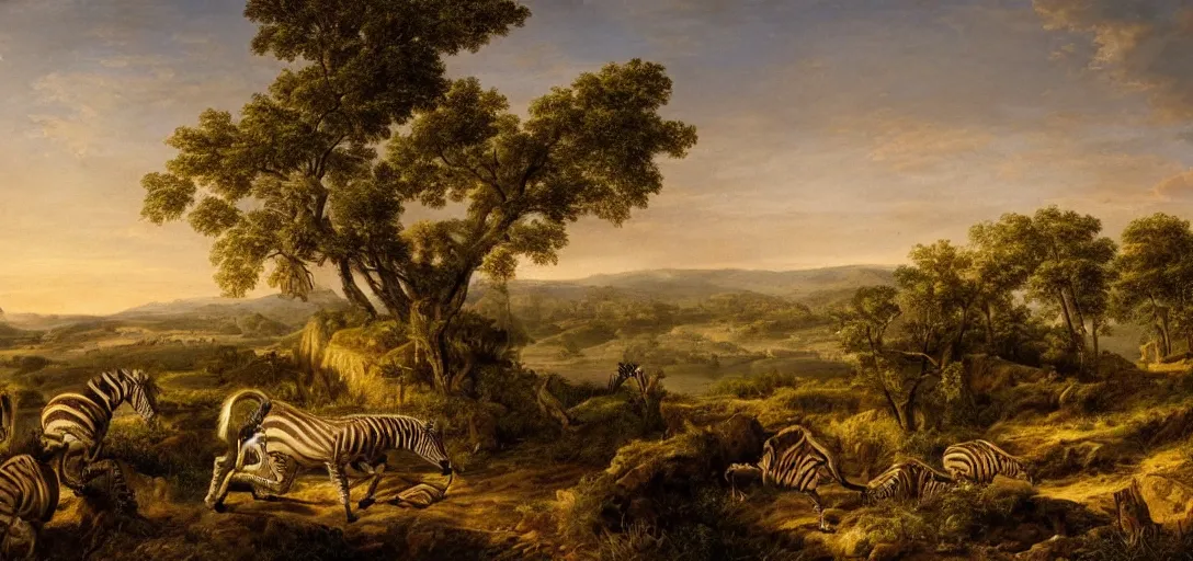 Prompt: Arcadia, in the distance one zebra is watching the sunset, holy grail, photorealistic, masterpiece, award winning landscape photo, hyperdetailed