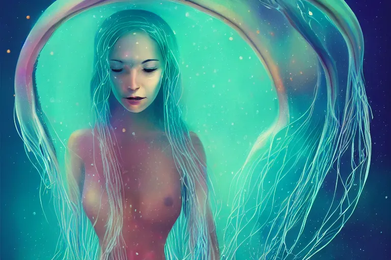 Image similar to full portrait of woman in deep water jellyfish swimming around her, elegant, highly detailed, smooth, sharp focus, trippy, dmt, psychedelic, illustration, beautiful, geometric, trending on artstation, cinematic, artwork by WLOP