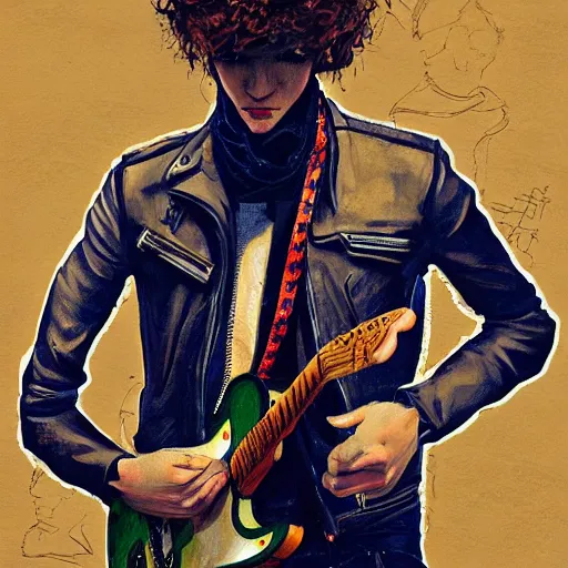 Prompt: in the style of Joshua Middleton art, beautiful young punk rock man playing guitar, long curly brown hair with black paisley bandana, denim vest over leather jacket, symmetrical face, concept art, impasto painting