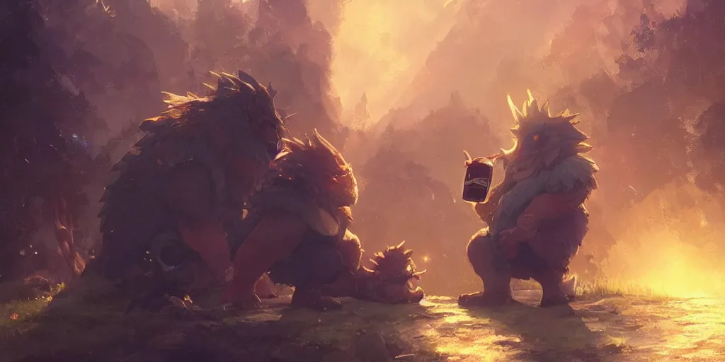 Image similar to a dwarf and his pet dragon drinking a beer together | gapmoe kuudere moody lighting stunning bokeh highlights sharp contrast | trending pixiv fanbox | by greg rutkowski makoto shinkai takashi takeuchi studio ghibli