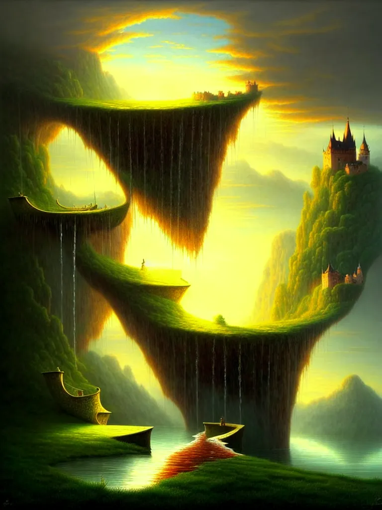 Image similar to gediminas pranckevicius an immense gigantic ornated iron cup with a lake inside, water in excess droping by thomas cole, boats, castle, sunset, volumetric light, godrays