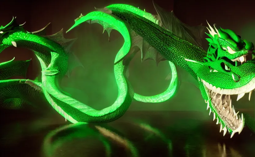 Image similar to green dragon, smiling, studio shot, volumetric lighting