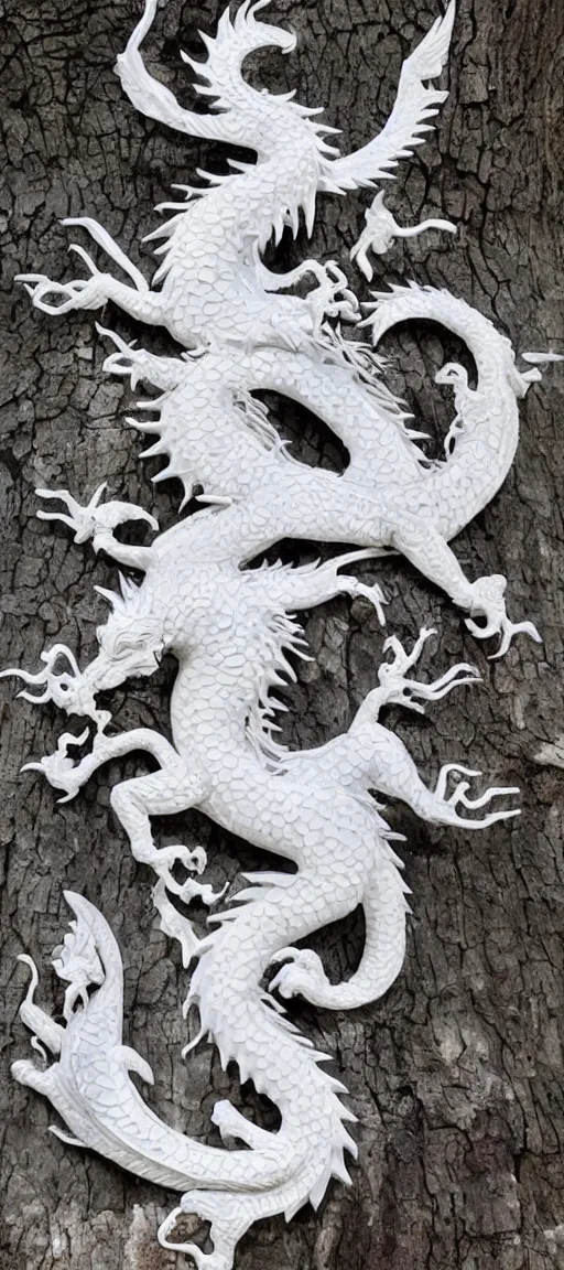 Image similar to a beautiful white dragon twisted around an ancient tree, intricate, maximalist, bright, clear,