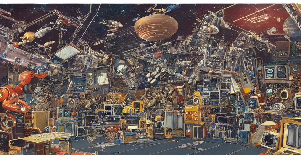 Prompt: collage wide angle view of highly detailed 70s scifi illustration collage of a space station interior with robots playing musical instruments in a music studio