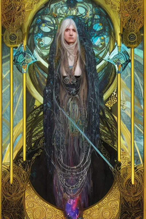 Image similar to tarot card, 4k HD digital full body portrait of beautiful regal elven king, long white hair, black paper, vivid colors, wheel of sigils in the background, by Alphonse Mucha, Craig Mullins, Marc Simonetti, Artstation