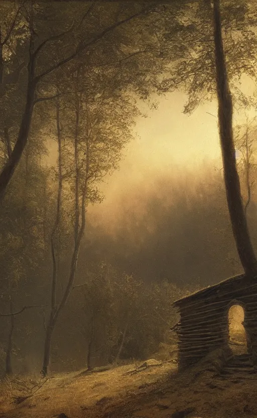 Image similar to Hagrid's hut landscape, early evening, mist, matte painting, dark forest, by Isaac Levitan and Vasily Perov